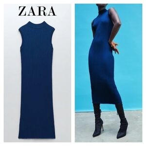Zara▪️Blue Ribbed Sheath Midi Dress Mock Neck